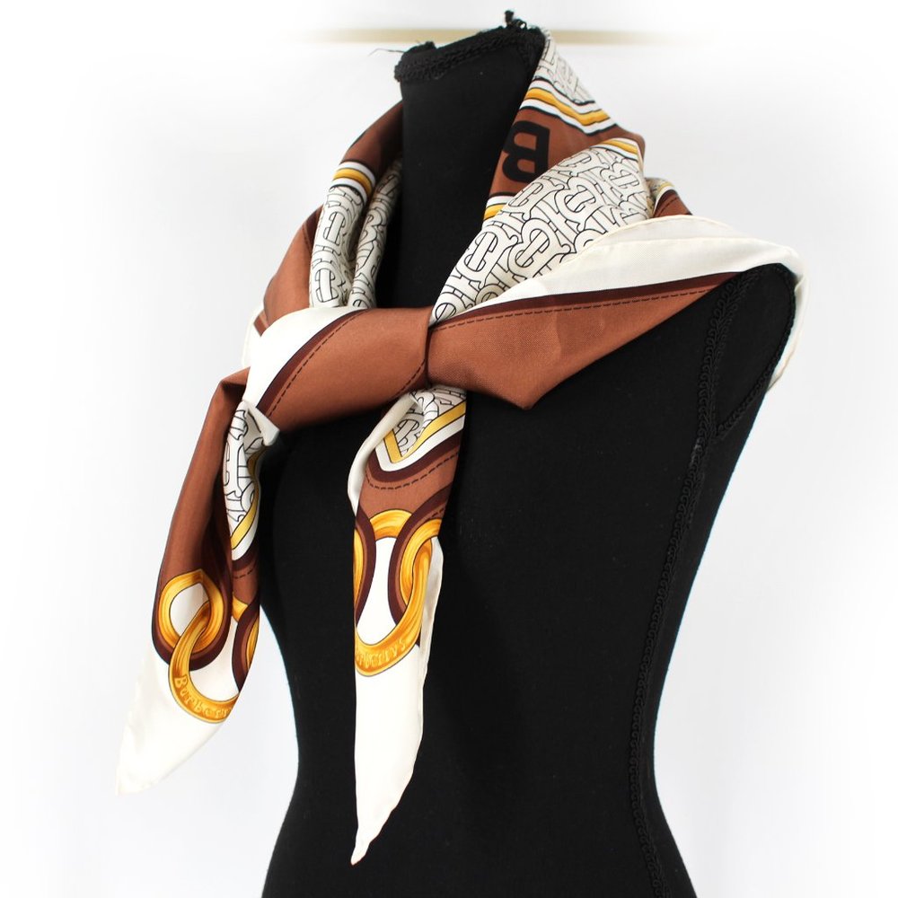 Burberry London Silk Monogram Logo Print Tie Scarf Brown Black 90 X 90 Cm NEW - Picture 2 of 8